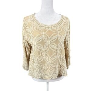 Solitaire Top Womens Medium Crop Tan Embroidered Scalloped Blouse Boho Natural